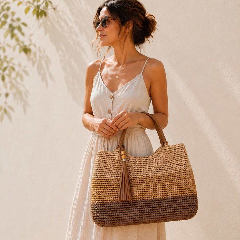 Tommy Bahama Colorblock Woven Straw Tote Bag Tan Coastal Resort Vacation NWT - Picture 1 of 11